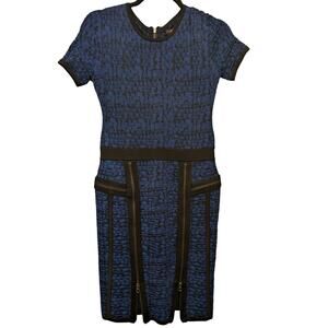 Marchesa Voyage‎ Textured Knit Zip Moto Sheath Dress Size Small Blue Black